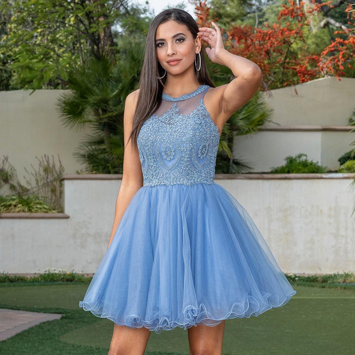 Sleeveless High-Neck Damas Dress with Embroidery