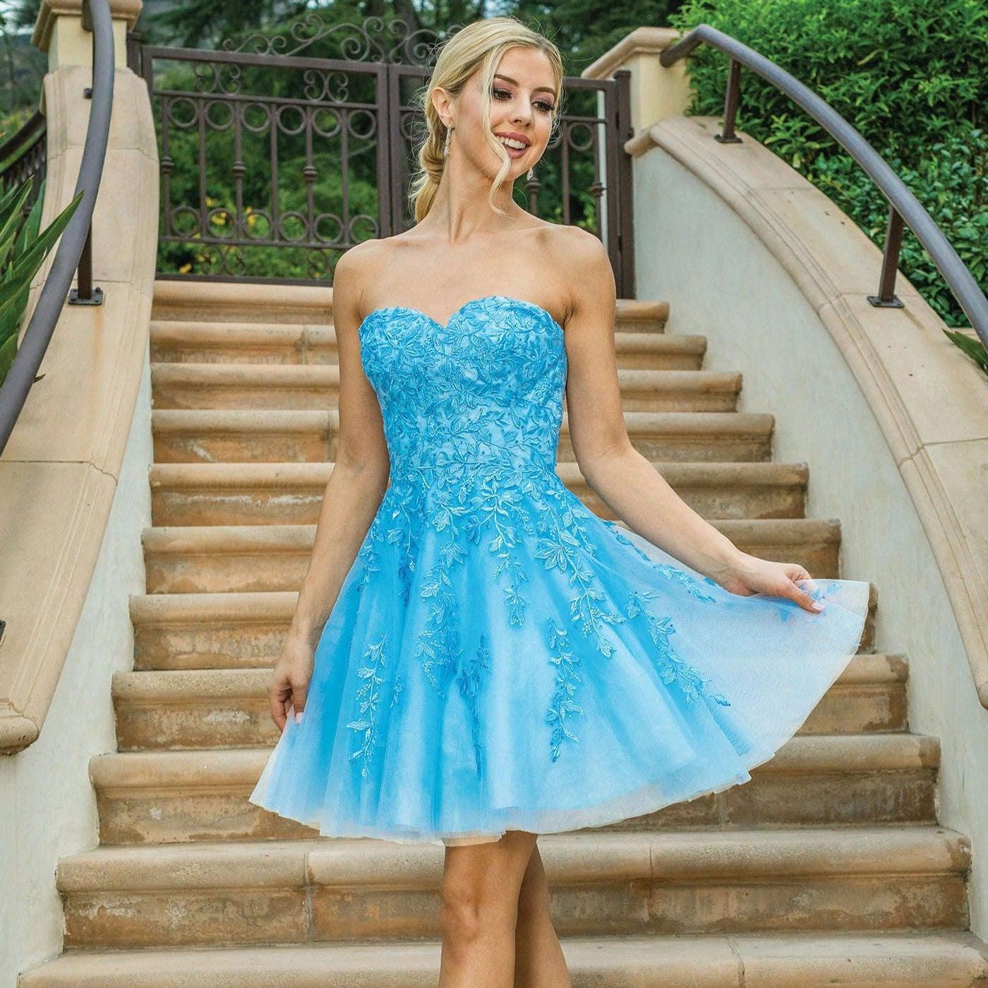 Bahama Blue Short Damas Dress with Embroidery