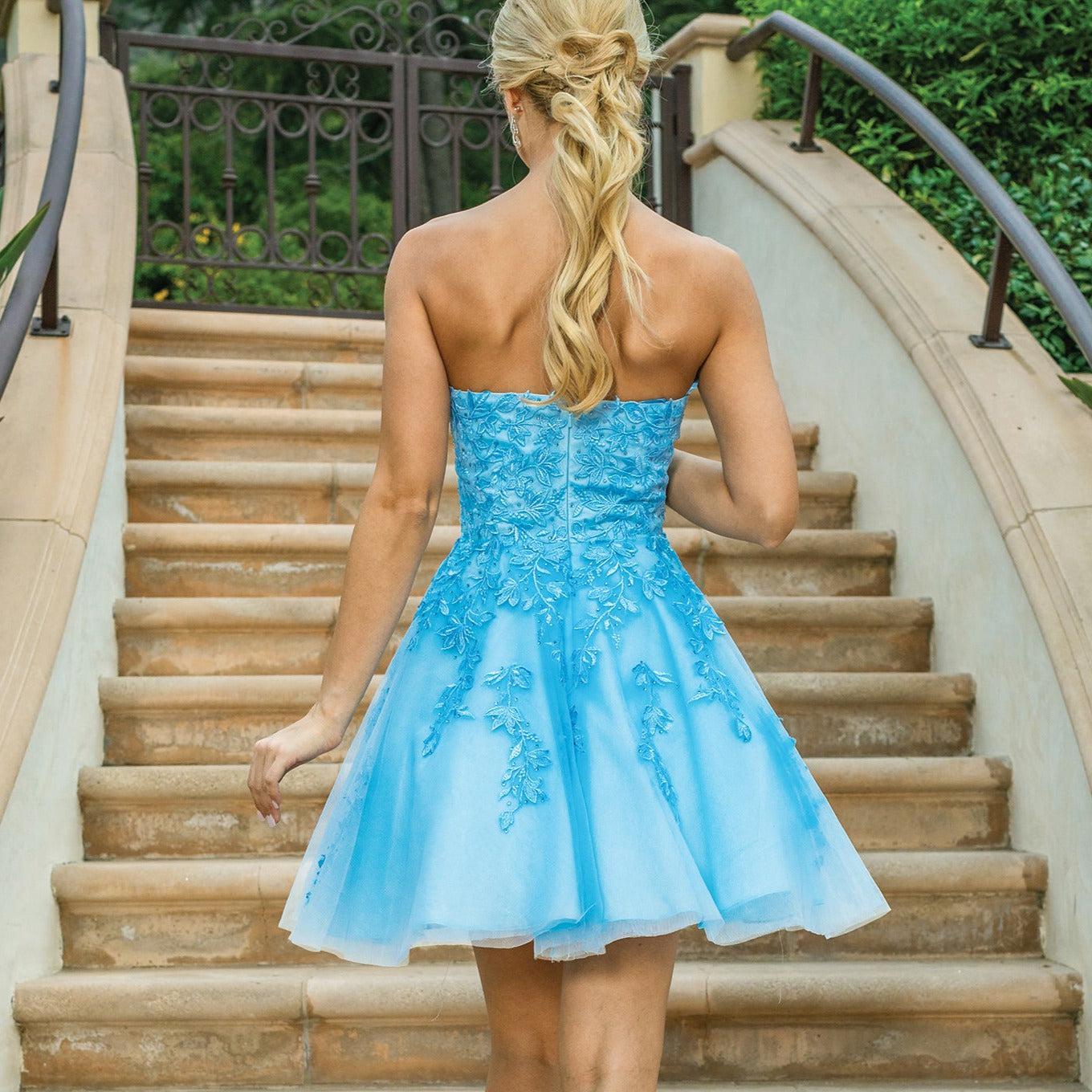 Bahama Blue Short Damas Dress with Embroidery