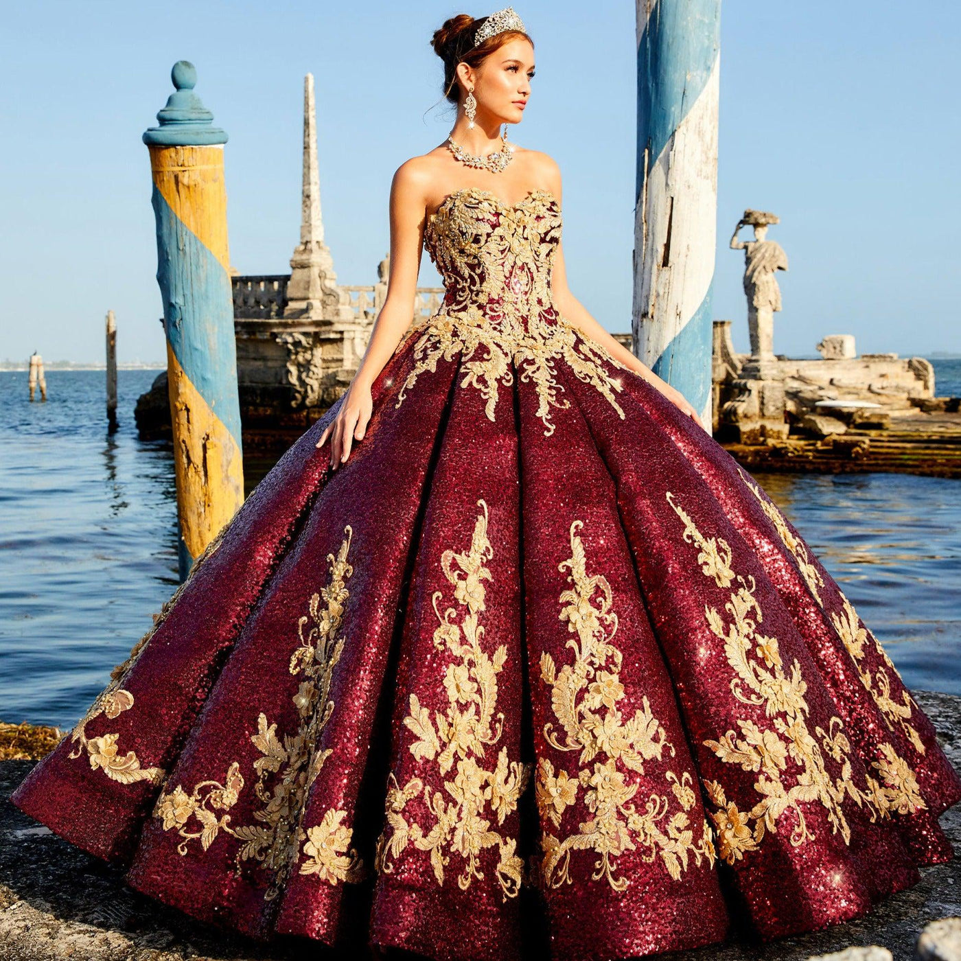 Princesa Wine Red and Gold Quinceañera Dress PR22030