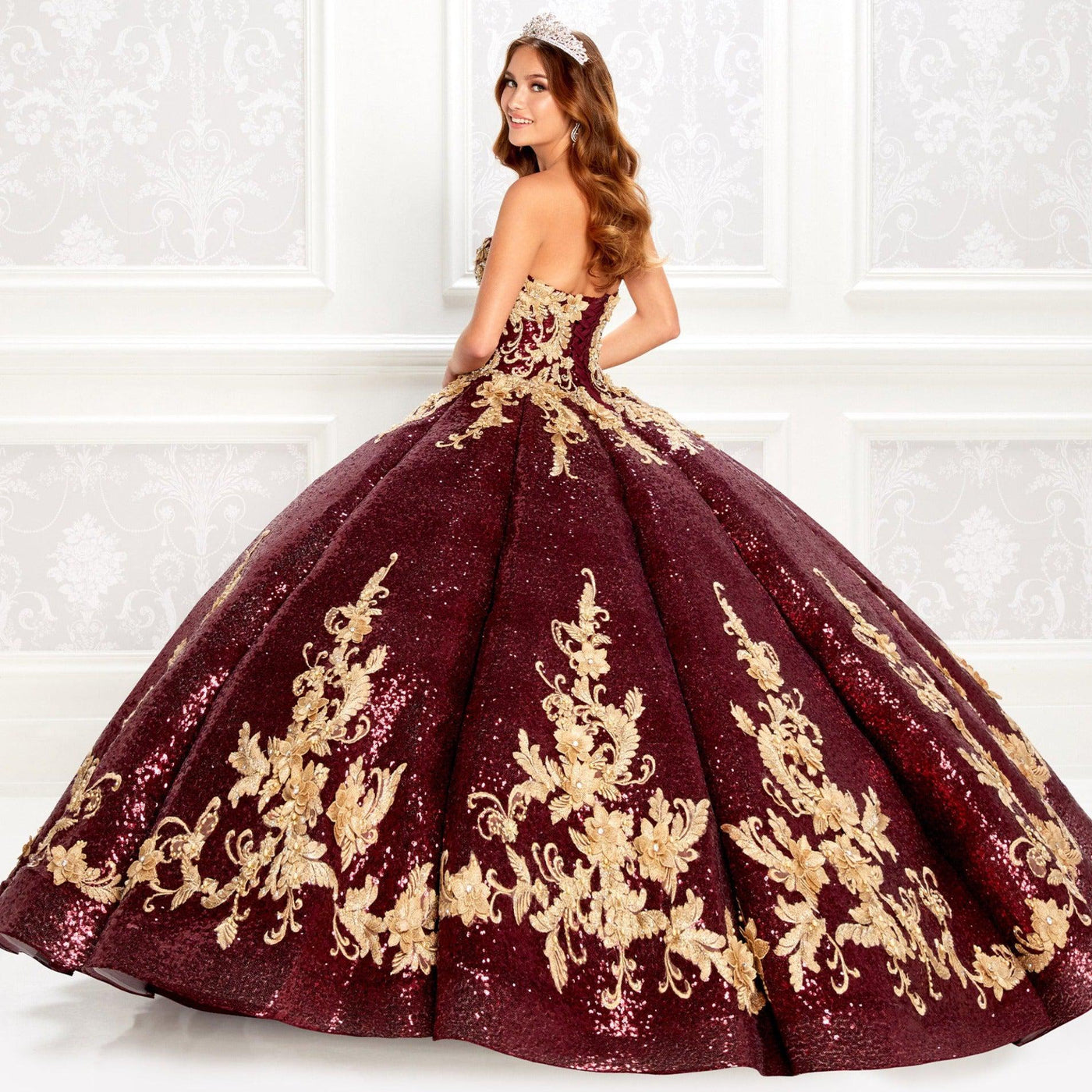 Princesa Wine Red and Gold Quinceañera Dress PR22030